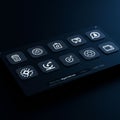 Rectangular digital interface with nine icons. Icons feature a document, clock