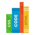 Different color programming books with text CSS, CODE, JAVA, HTML flat icon vector isolated.