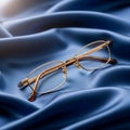 Rectangular eyeglasses with gold frames rest on a blue satin Royalty Free Stock Photo