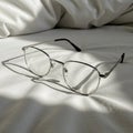 Rectangular eyeglasses with metal frames rest on a white, softly wrinkled fabric surfa Royalty Free Stock Photo