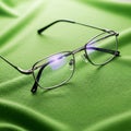 Rectangular eyeglasses with thin black metal frames resting on bright green fabric. Royalty Free Stock Photo