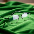 Rectangular eyeglasses with thin metal frames are placed on a green fabric. The lenses Royalty Free Stock Photo