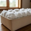 A rectangular fabric basket filled with white cotton balls sits on a wooden surface. Royalty Free Stock Photo