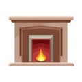 Rectangular fireplace with open fire. Cartoon icon of modern hearth with flame with sparks. Color illustration of warm, home Royalty Free Stock Photo