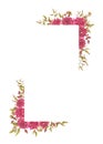 Rectangular floral frame made of dahlias, foliage, dried flowers and rose hips. Watercolor design