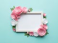 A rectangular frame adorned with pink and white paper flowers on a light blue background Royalty Free Stock Photo