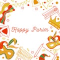 Rectangular frame, design template for Purim. Traditional objects, decorations and food. Hand drawn