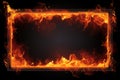 Rectangular frame engulfed by bright flames, black background with geometric shape and dynamic movement of fire on