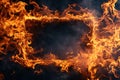 Rectangular frame engulfed by bright flames, black background with geometric shape and dynamic movement of fire on