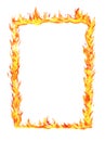 Rectangular frame with fire flames. Hand drawn watercolor sketch illustration Royalty Free Stock Photo