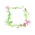 Rectangular frame made of drawn floral elements with green stems, rosebuds and a butterfly. Isolate on a white background. Royalty Free Stock Photo