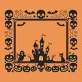 Silhouettes of skulls, bats, and pumpkins frame Halloween scene in orange Royalty Free Stock Photo
