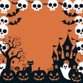 Silhouettes of skulls, bats, and pumpkins frame Halloween scene in orange Royalty Free Stock Photo
