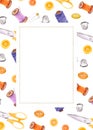 Rectangular frame of sewing items and copy space for text. Scissors, thread spools, round buttons, pins, thimble. Dressmaking Royalty Free Stock Photo