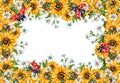 Rectangular frame sunflowers daisies and ladybugs watercolor