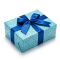 Turquoise Gift Box Wrapped with Blue Ribbon and Bow on White Background present Royalty Free Stock Photo