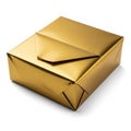 Rectangular Gift Box Wrapped in Shiny Gold Foil Paper on White Background present wrapping Royalty Free Stock Photo