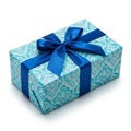 Rectangular Gift Box Wrapped in Blue and White Patterned Paper with a Blue Ribbon Bow Royalty Free Stock Photo