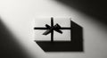 Rectangular gift box wrapped in white paper, adorned with a sleek black ribbon tied in Royalty Free Stock Photo