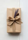 A rectangular gift is wrapped in plain brown paper and adorned with a wide burlap ribbo Royalty Free Stock Photo