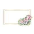 Rectangular gold frame with protea flowers, tropical leaves, palm leaves, bouvardia flowers. Wedding bouquet in a frame