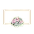 Rectangular gold frame with protea flowers, tropical leaves, palm leaves, bouvardia flowers. Wedding bouquet in a frame