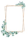 Rectangular golden frame made of eucalyptus branches. Watercolor border