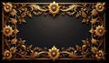 Rectangular golden ornate frame with detailed floral and leaf patterns on dark flower Royalty Free Stock Photo