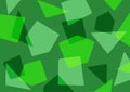 Rectangular green background with scattered geometric shapes.