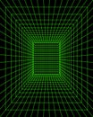 Rectangular green neon laser wireframe in perspective on black background. Room, portal or studio grid structure in Royalty Free Stock Photo