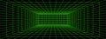Rectangular green neon wireframe in perspective on black background. Cyberpank room, hallway or studio grid structure Royalty Free Stock Photo