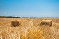 Rectangular haystacks on a field of straw, on a sunny summer day, against a background of sky and trees Royalty Free Stock Photo