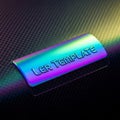 A rectangular, iridescent metallic plate with the text \