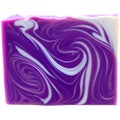 A rectangular isolated bar of handmade soap featuring purple and white swirls