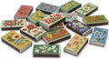 Rectangular matchboxes are covered with colorful floral illustrations, featuring Royalty Free Stock Photo