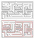 Rectangular maze of medium complexity on white and solution with red path