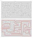 Rectangular maze of medium complexity on white and solution with red path Royalty Free Stock Photo