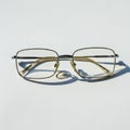 Rectangular metal eyeglasses with thin frames rest on a white surface, casting a Royalty Free Stock Photo