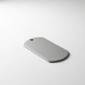 Rectangular, metallic-gray dog tag with rounded corners on a smooth, white surface. The tag has a Royalty Free Stock Photo