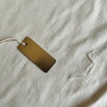 Rectangular metallic tag with a brushed finish lies on light beige fabric. A hole at the Royalty Free Stock Photo
