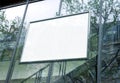 Rectangular Mockup on glass window. Empty frame on company building frontage