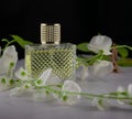 A rectangular perfume bottle on a marble background with white flowers