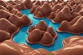 a rectangular piece of chocolate floats in a chocolate river among fabulous chocolate hills in cartoon 3D style