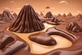 a rectangular piece of chocolate floats in a chocolate river among fabulous chocolate hills in cartoon 3D style