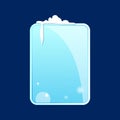 Glass piece of ice with rounded corners, snow and icicles on a blue background. Vector illustration