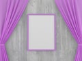 Rectangular pink mockup frame on a light wooden wall decorated with silk curtains