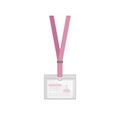 Rectangular plastic ID card holder with place for photo and text. Badge with pink neck strap. Flat vector design