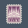 Rectangular postage stamp of Barcelona city with cathedral of Sagrada Familia. Famous architectural landmark. Creative