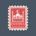 Rectangular postage stamp of Istanbul city with Blue Mosque silhouette. Symbol with famous Turkish landmark. Original