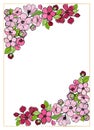 Rectangular postcard template with a gold frame, decorated in the corners with flowering branches cherry, apple, almond, sakura.